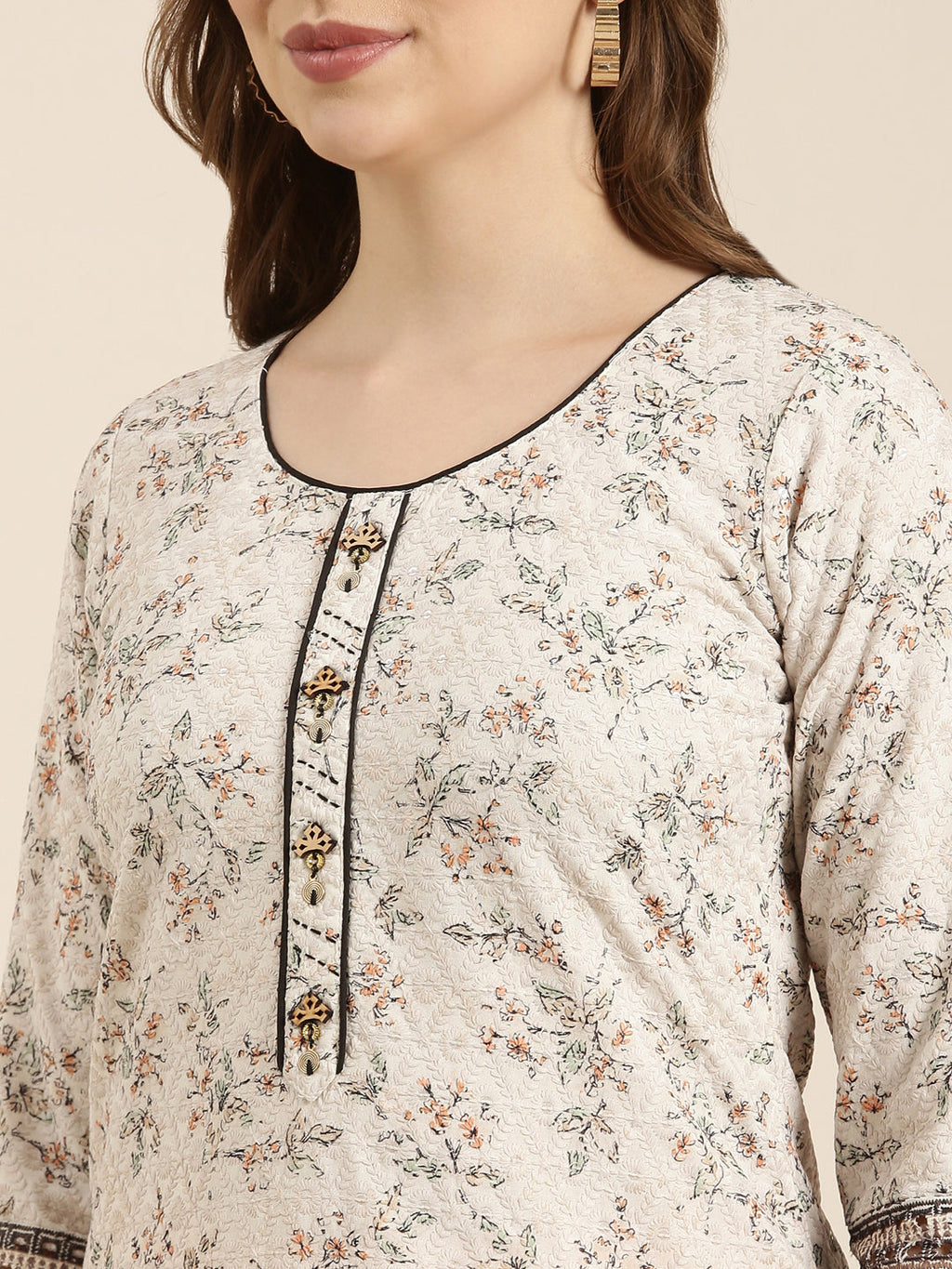 Women's Straight Beige Floral Kurta