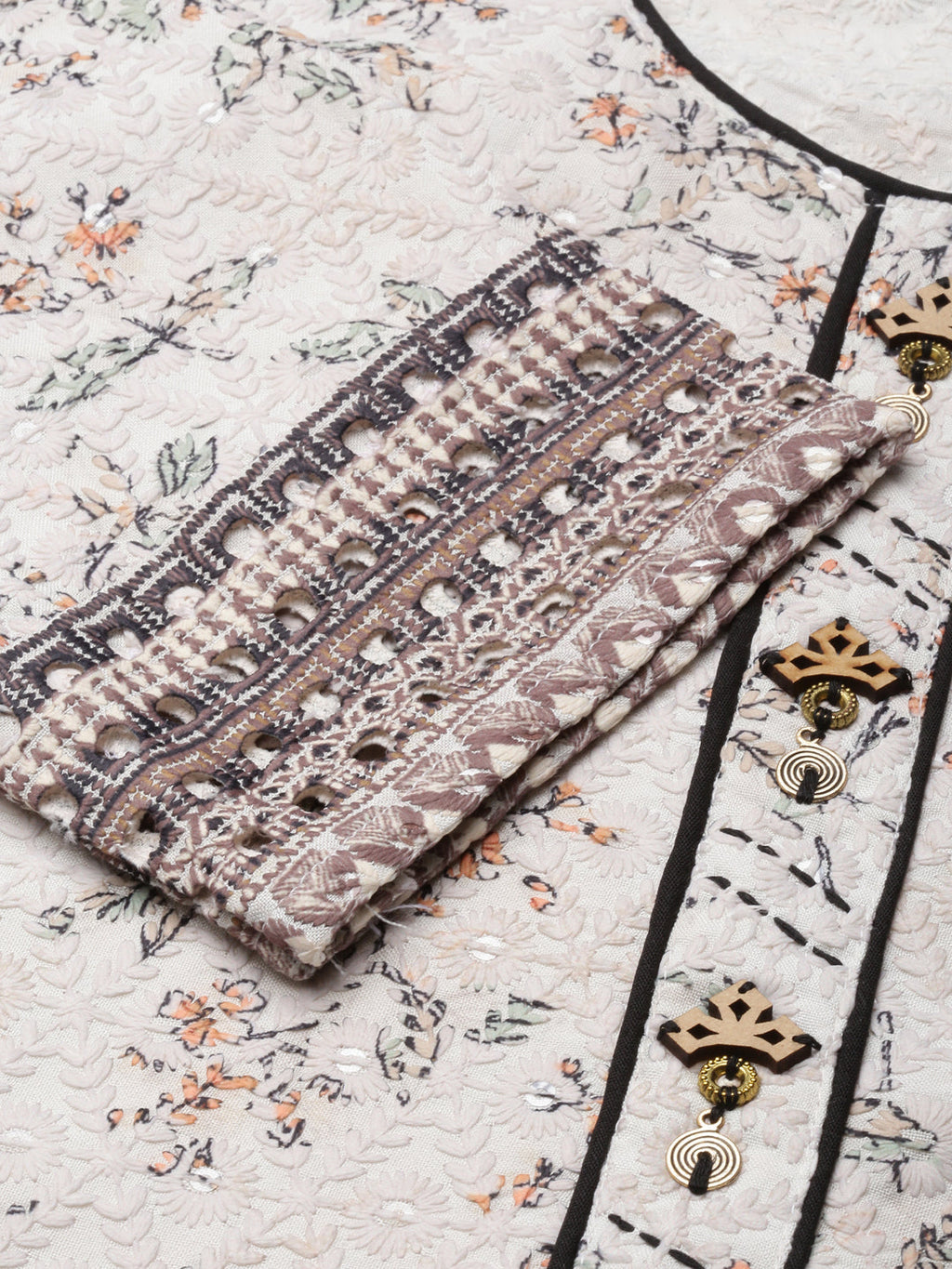 Women's Straight Beige Floral Kurta