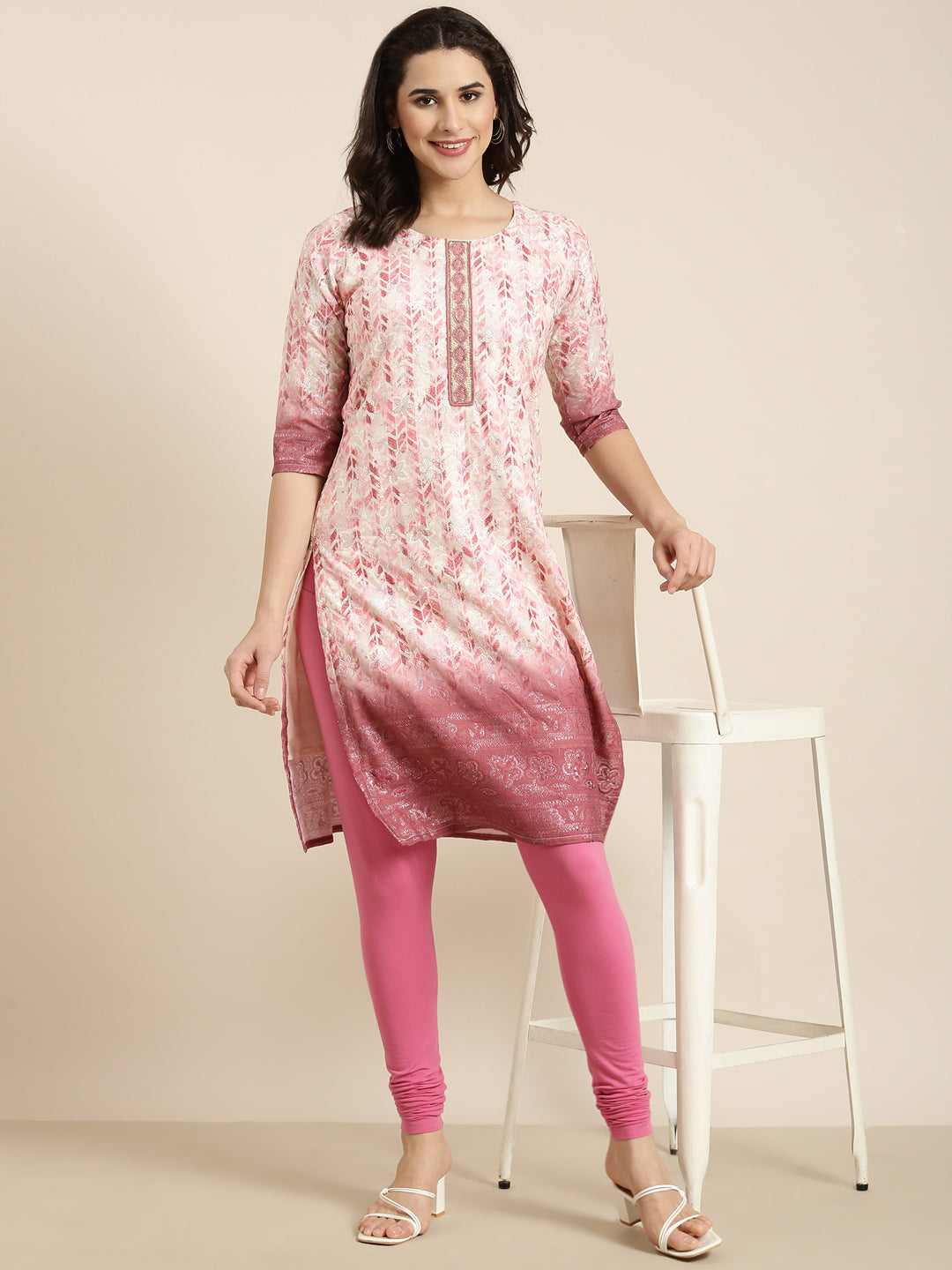 Women's Straight Pink Floral Kurta