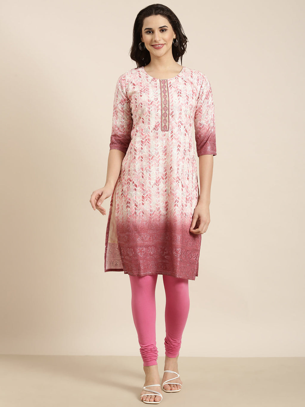 Women's Straight Pink Floral Kurta