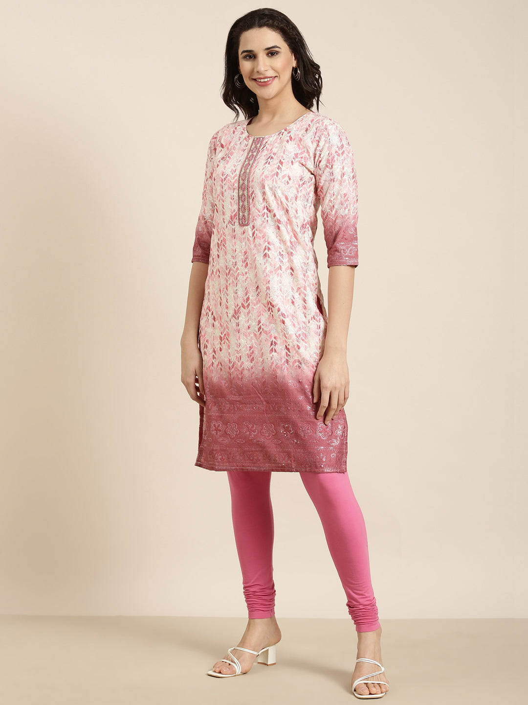 Women's Straight Pink Floral Kurta