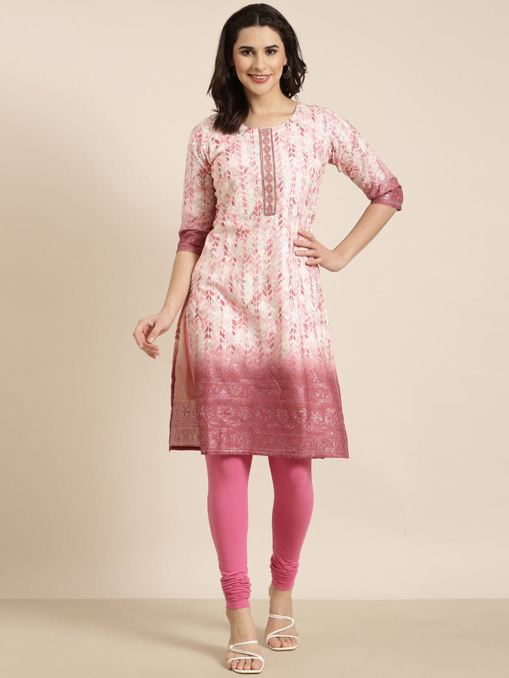 Women's Straight Pink Floral Kurta