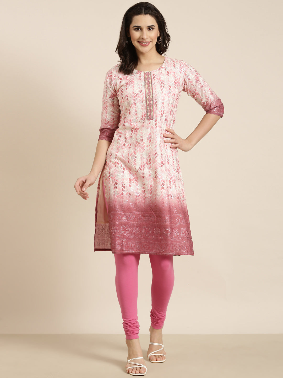 Women's Straight Pink Floral Kurta