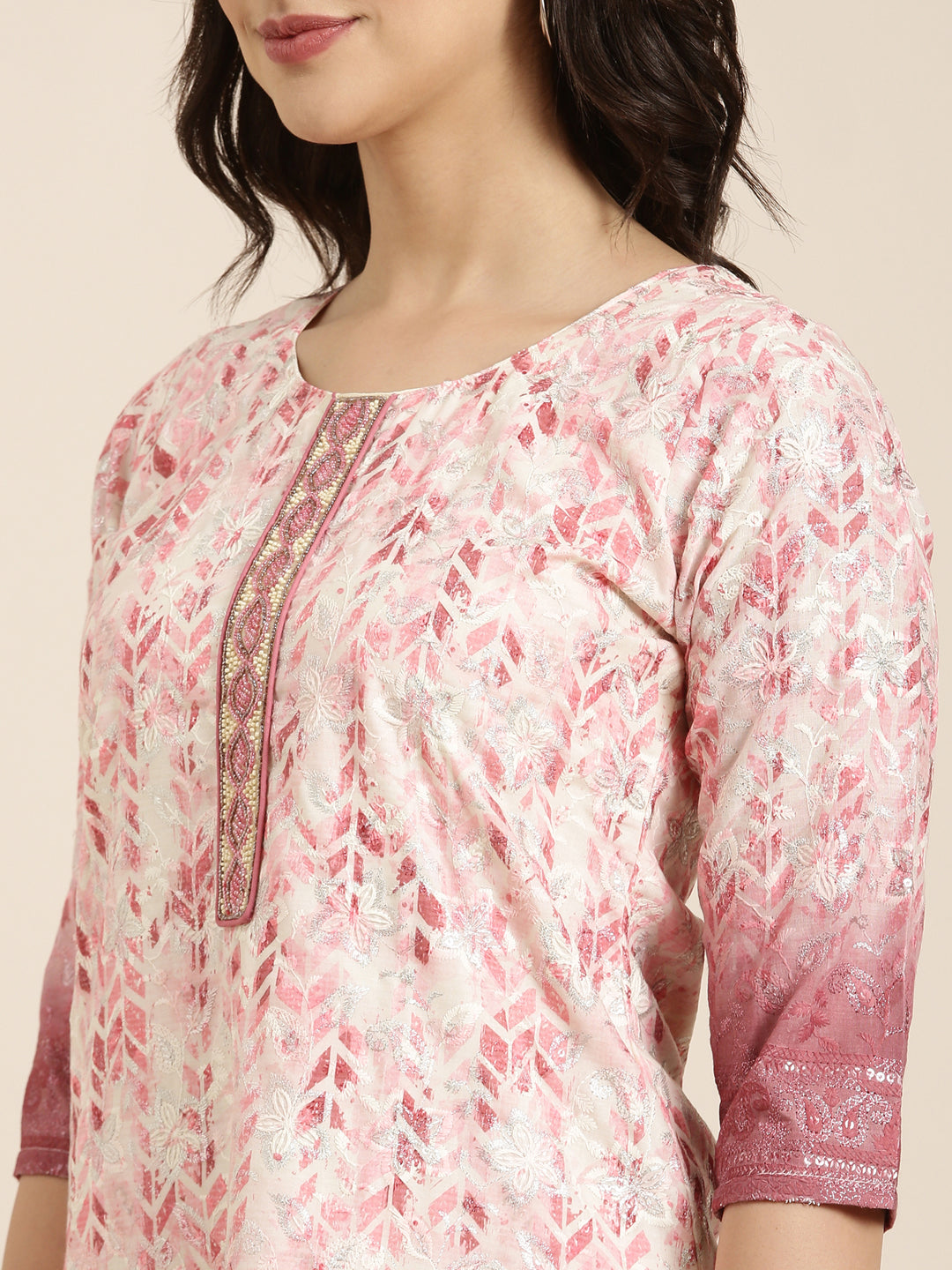 Women's Straight Pink Floral Kurta