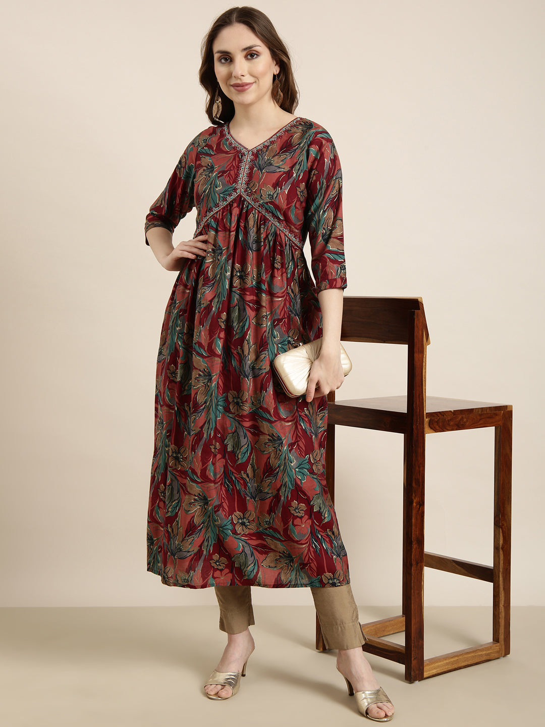 Women's Anarkali Maroon Floral Kurta