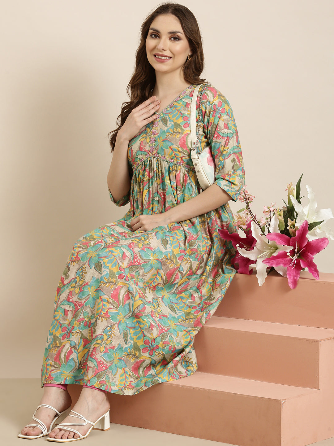 Women's Anarkali Sea Green Floral Kurta