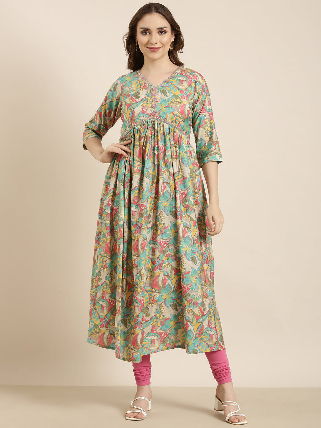 Women's Anarkali Sea Green Floral Kurta