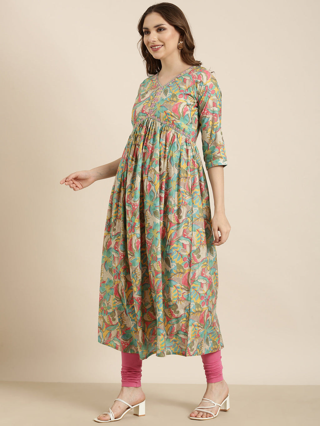 Women's Anarkali Sea Green Floral Kurta