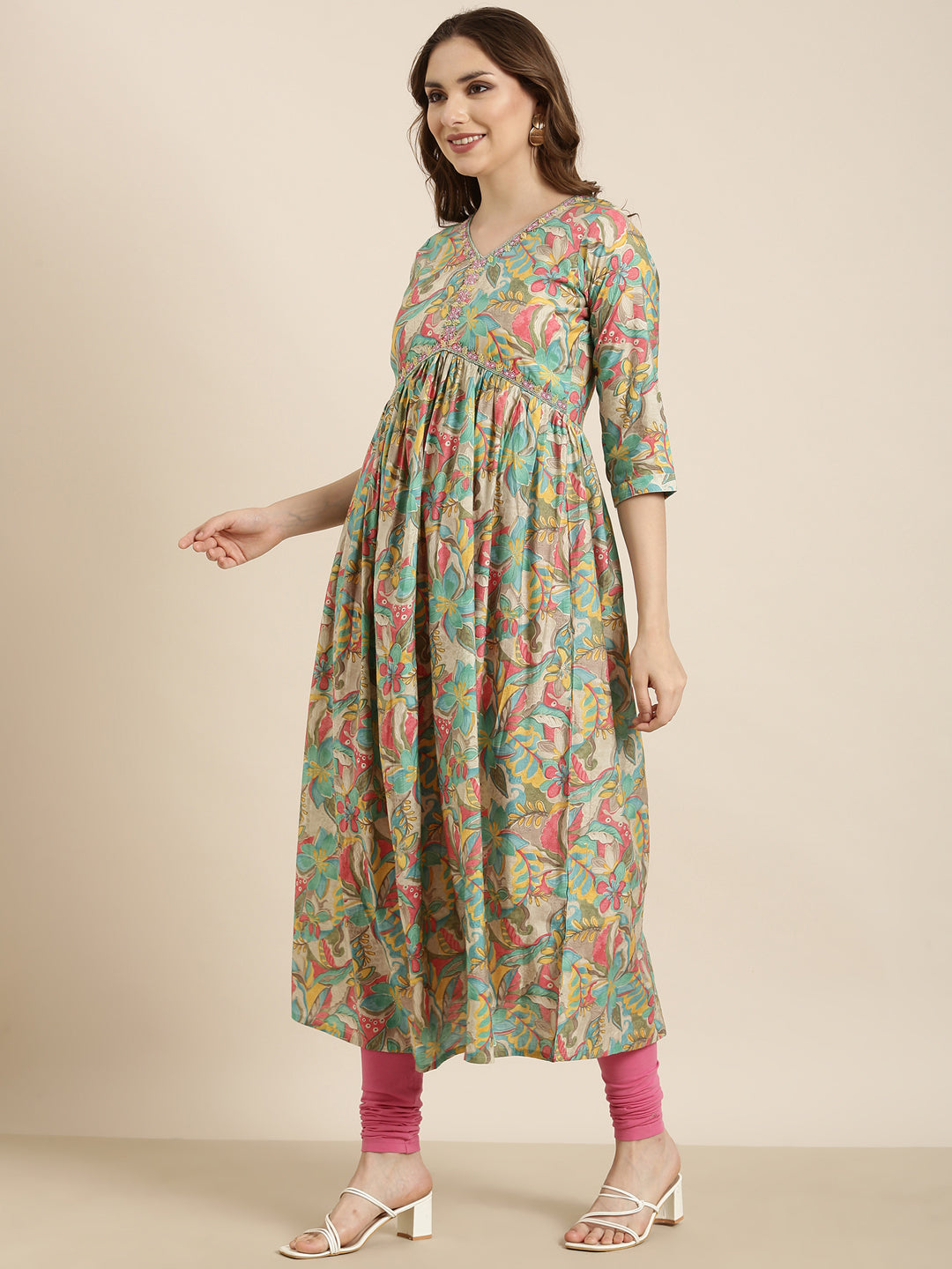 Women's Anarkali Sea Green Floral Kurta