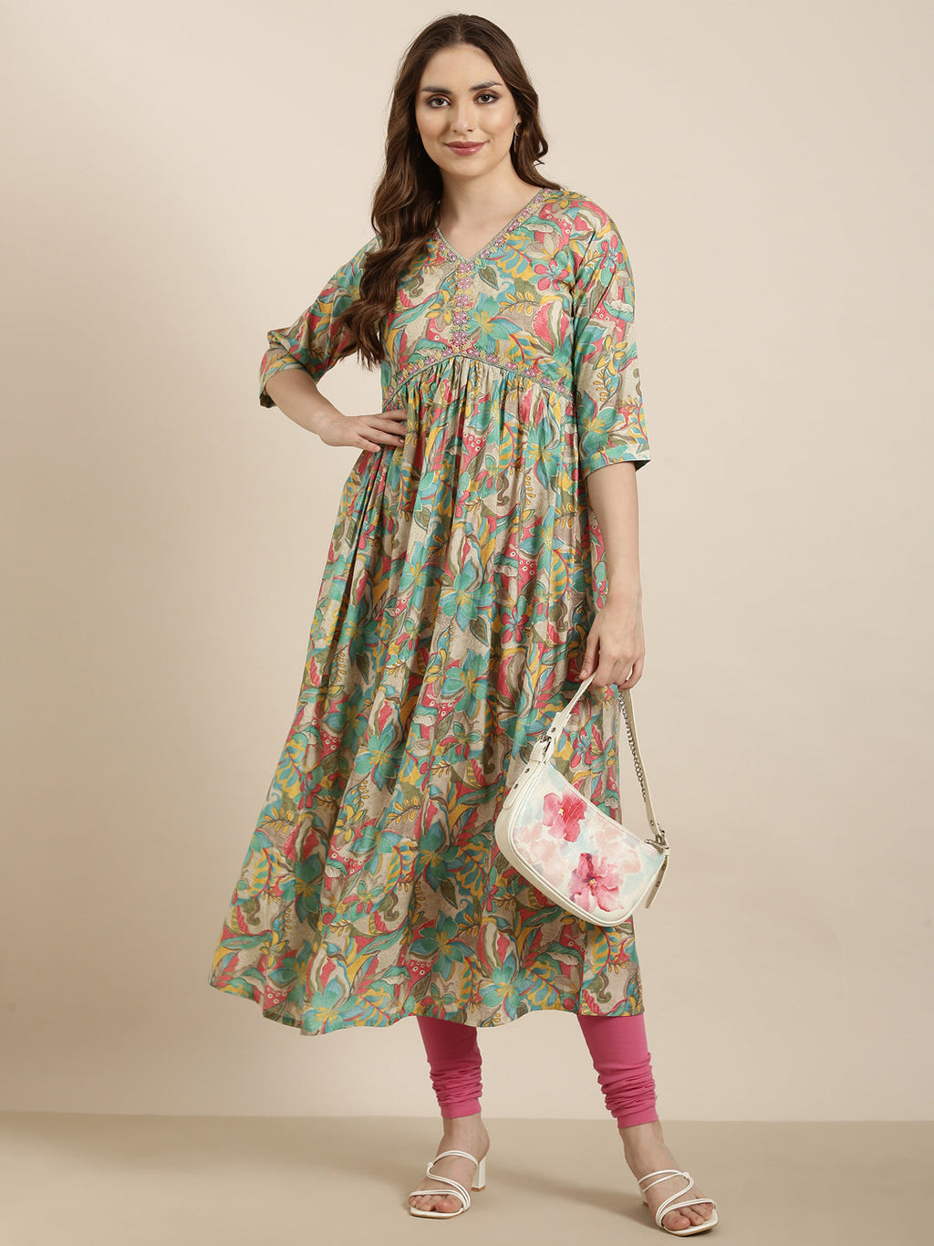 Women's Anarkali Sea Green Floral Kurta