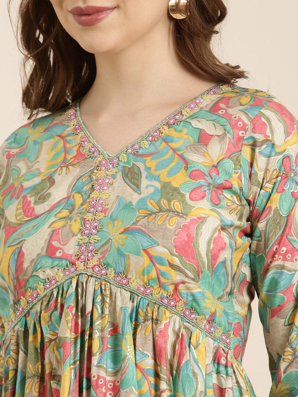 Women's Anarkali Sea Green Floral Kurta