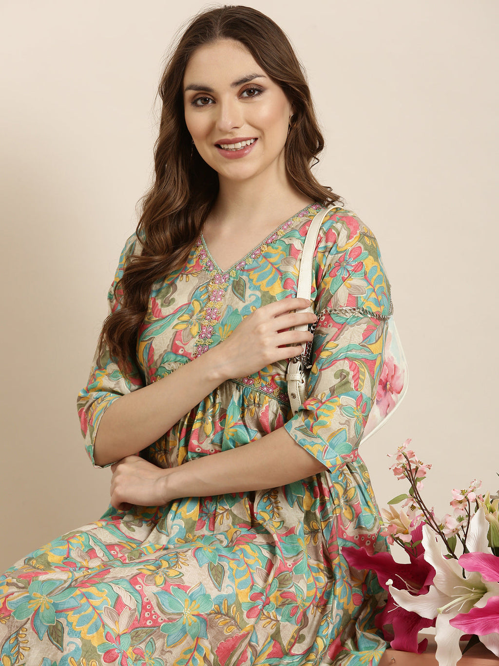 Women's Anarkali Sea Green Floral Kurta