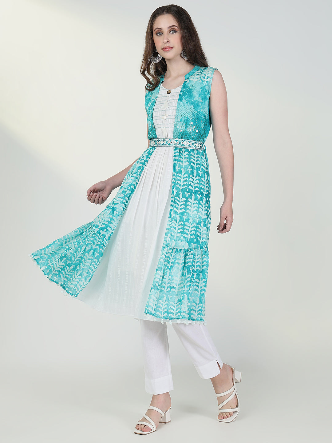 Women's White Solid Kurta with Coat and Belt