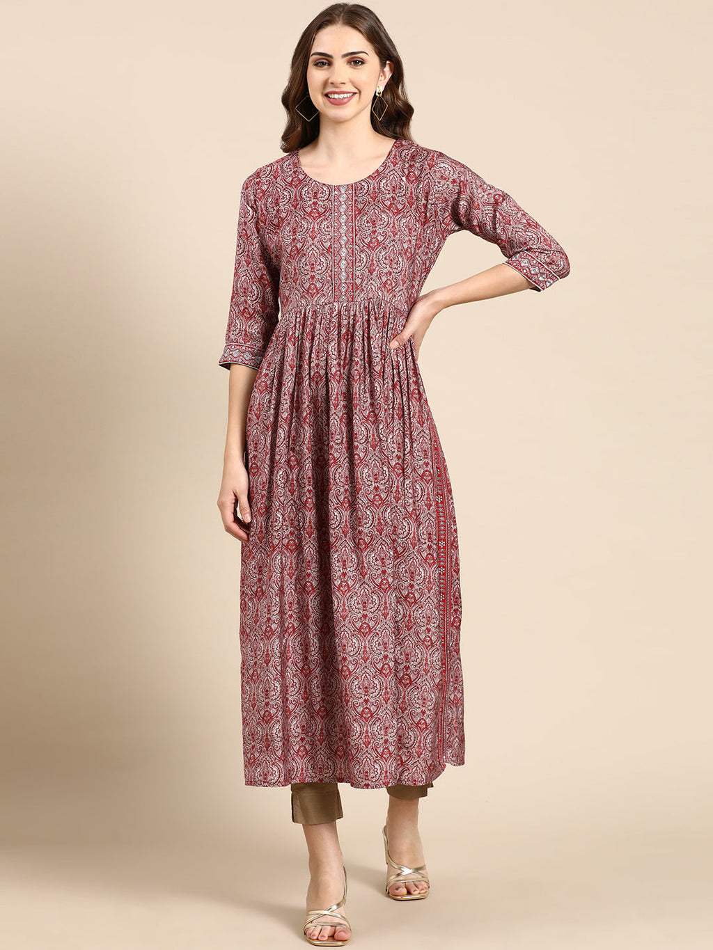 Women's Maroon Ethnic Motifs Printed Thread Work Anarkali Kurta
