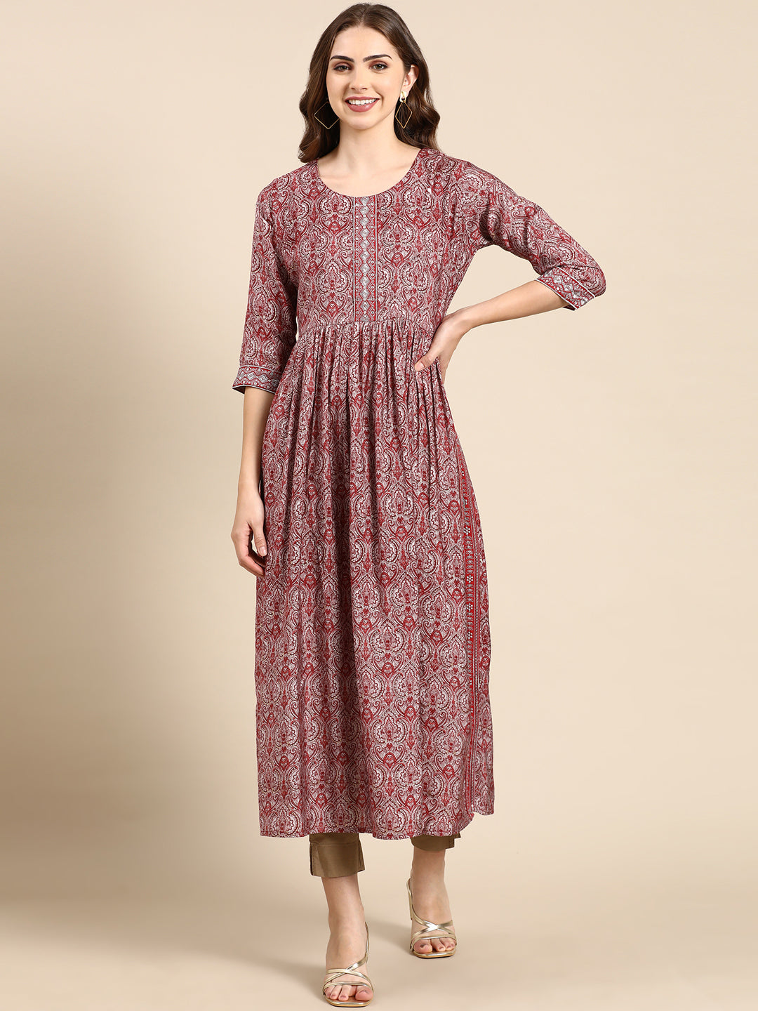 Women's Maroon Ethnic Motifs Printed Thread Work Anarkali Kurta