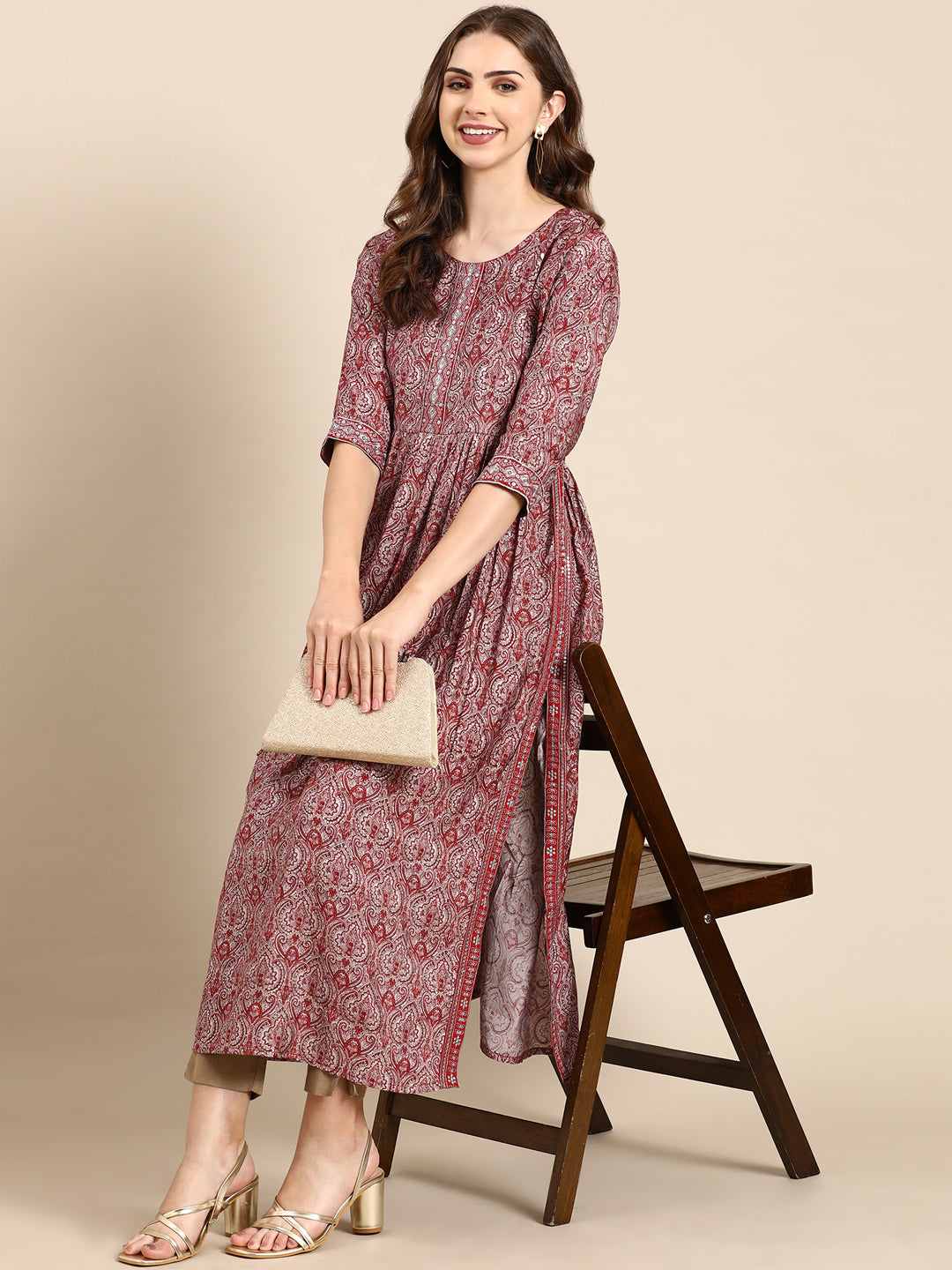 Women's Maroon Ethnic Motifs Printed Thread Work Anarkali Kurta