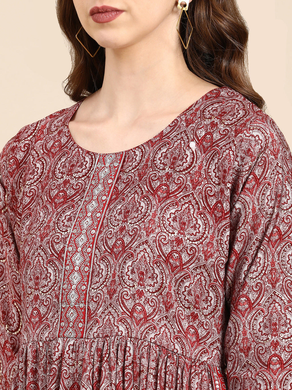 Women's Maroon Ethnic Motifs Printed Thread Work Anarkali Kurta