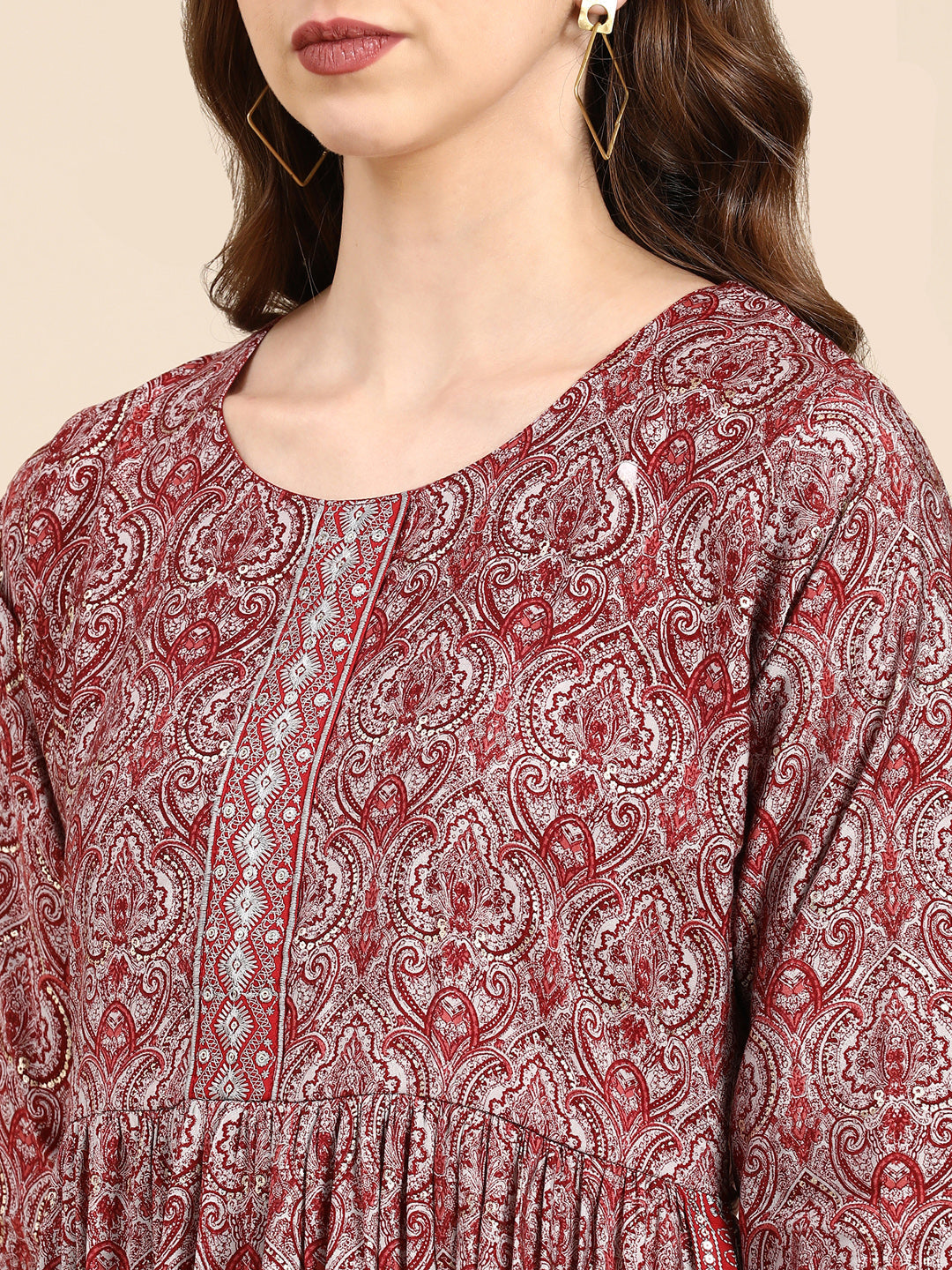 Women's Maroon Ethnic Motifs Printed Thread Work Anarkali Kurta