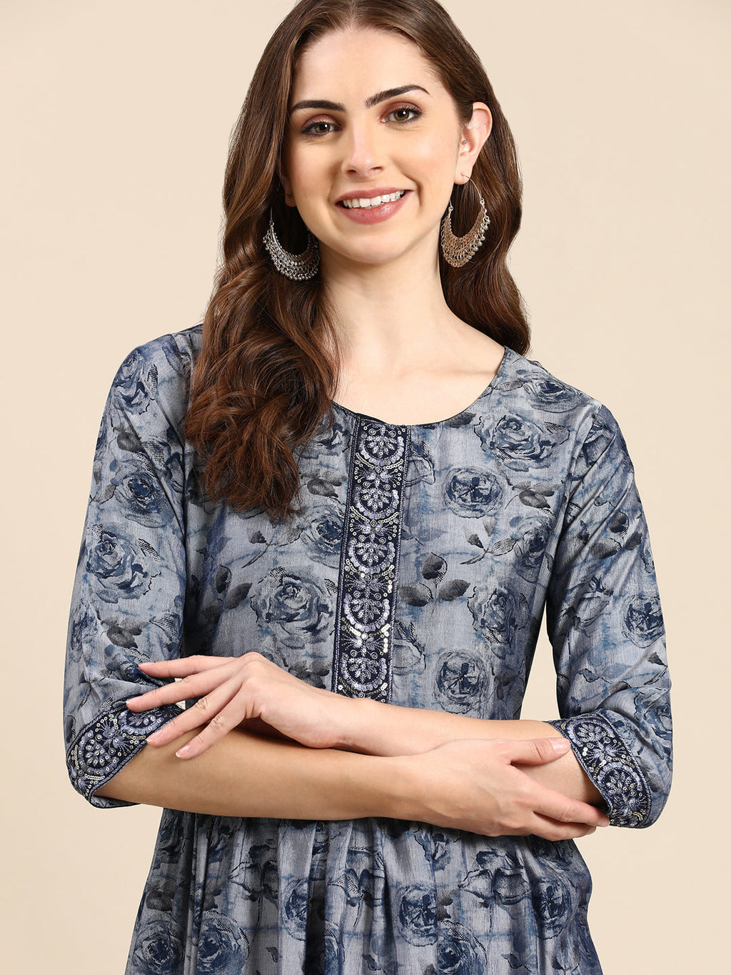 Women's Navy Blue Floral Printed Thread Work Sequinned Anarkali Kurta