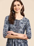 Women's Navy Blue Floral Printed Thread Work Sequinned Anarkali Kurta