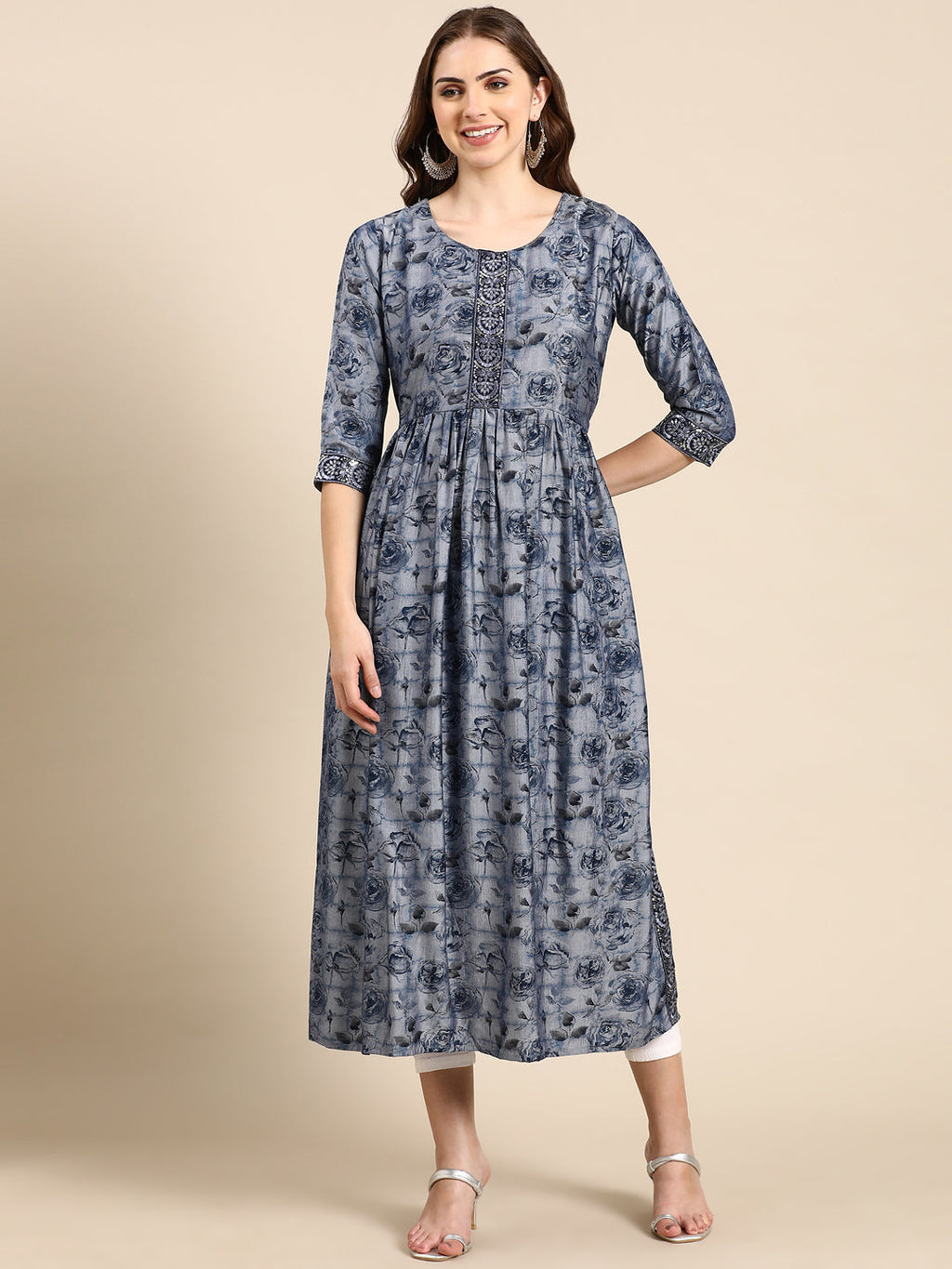 Women's Navy Blue Floral Printed Thread Work Sequinned Anarkali Kurta