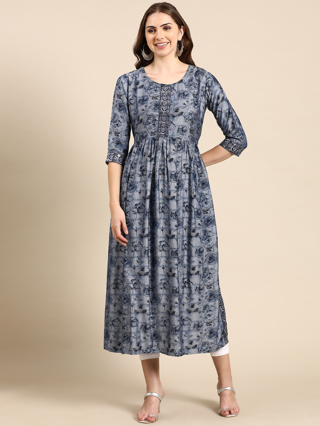 Women's Navy Blue Floral Printed Thread Work Sequinned Anarkali Kurta