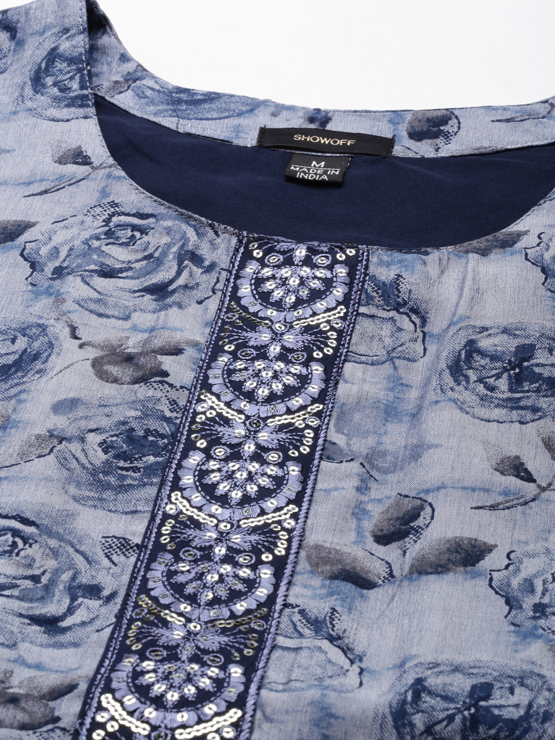Women's Navy Blue Floral Printed Thread Work Sequinned Anarkali Kurta