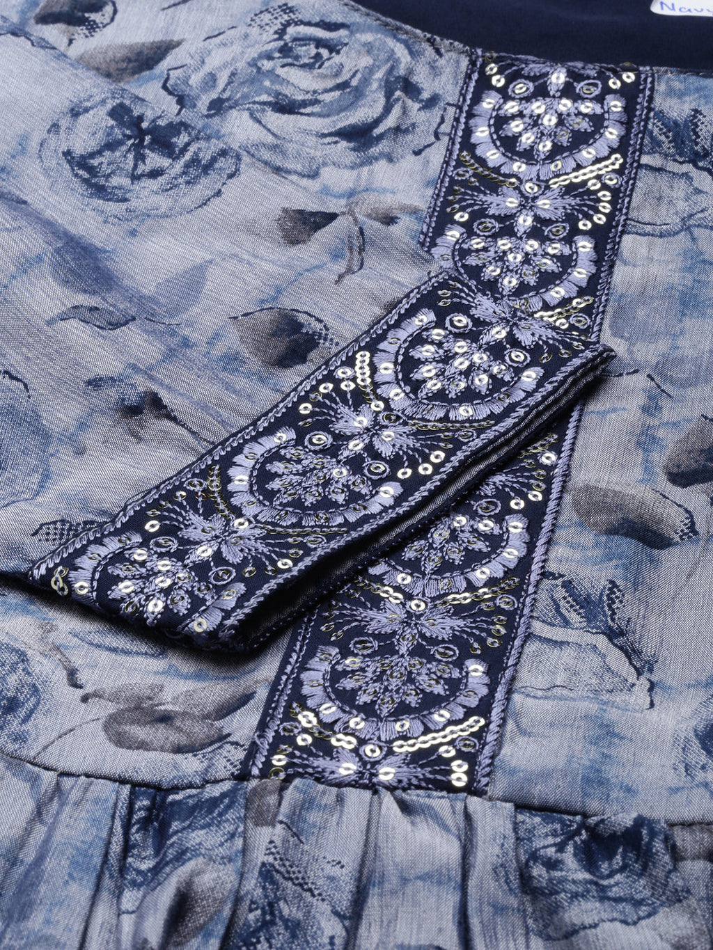 Women's Navy Blue Floral Printed Thread Work Sequinned Anarkali Kurta