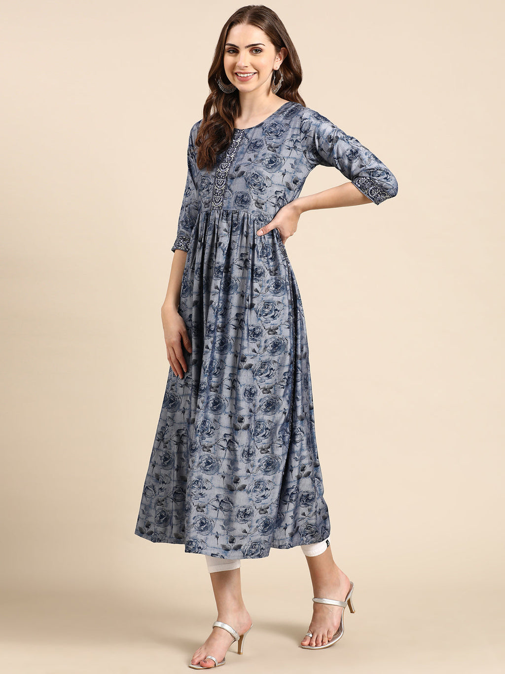 Women's Navy Blue Floral Printed Thread Work Sequinned Anarkali Kurta