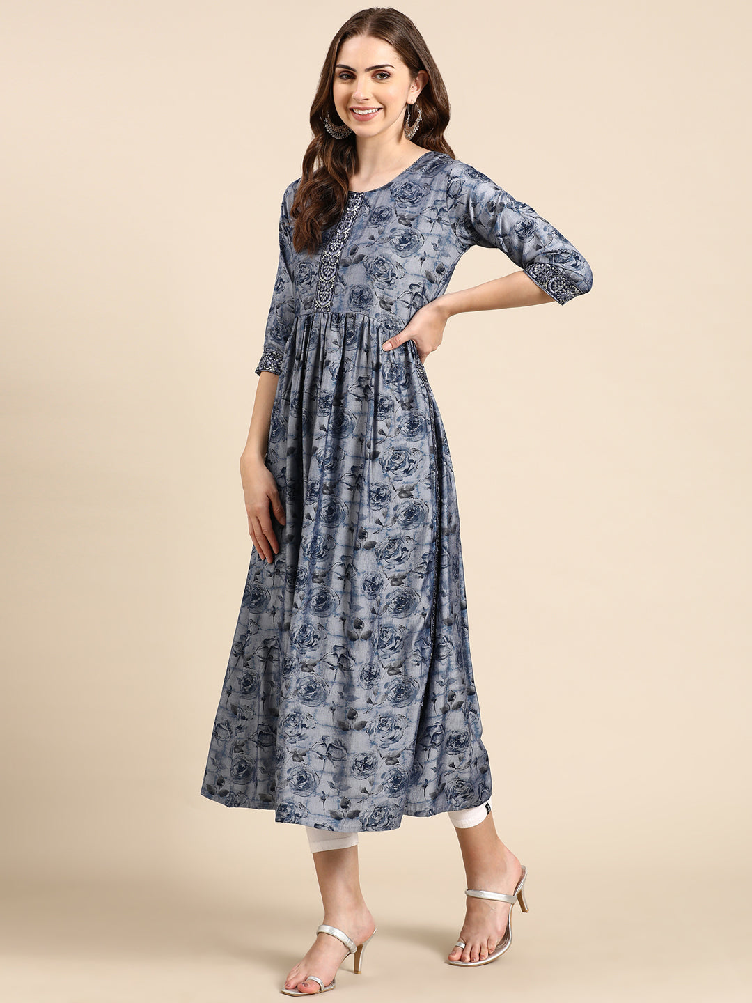 Women's Navy Blue Floral Printed Thread Work Sequinned Anarkali Kurta