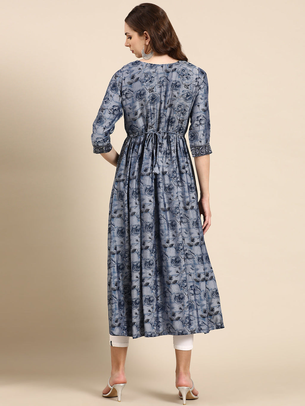 Women's Navy Blue Floral Printed Thread Work Sequinned Anarkali Kurta