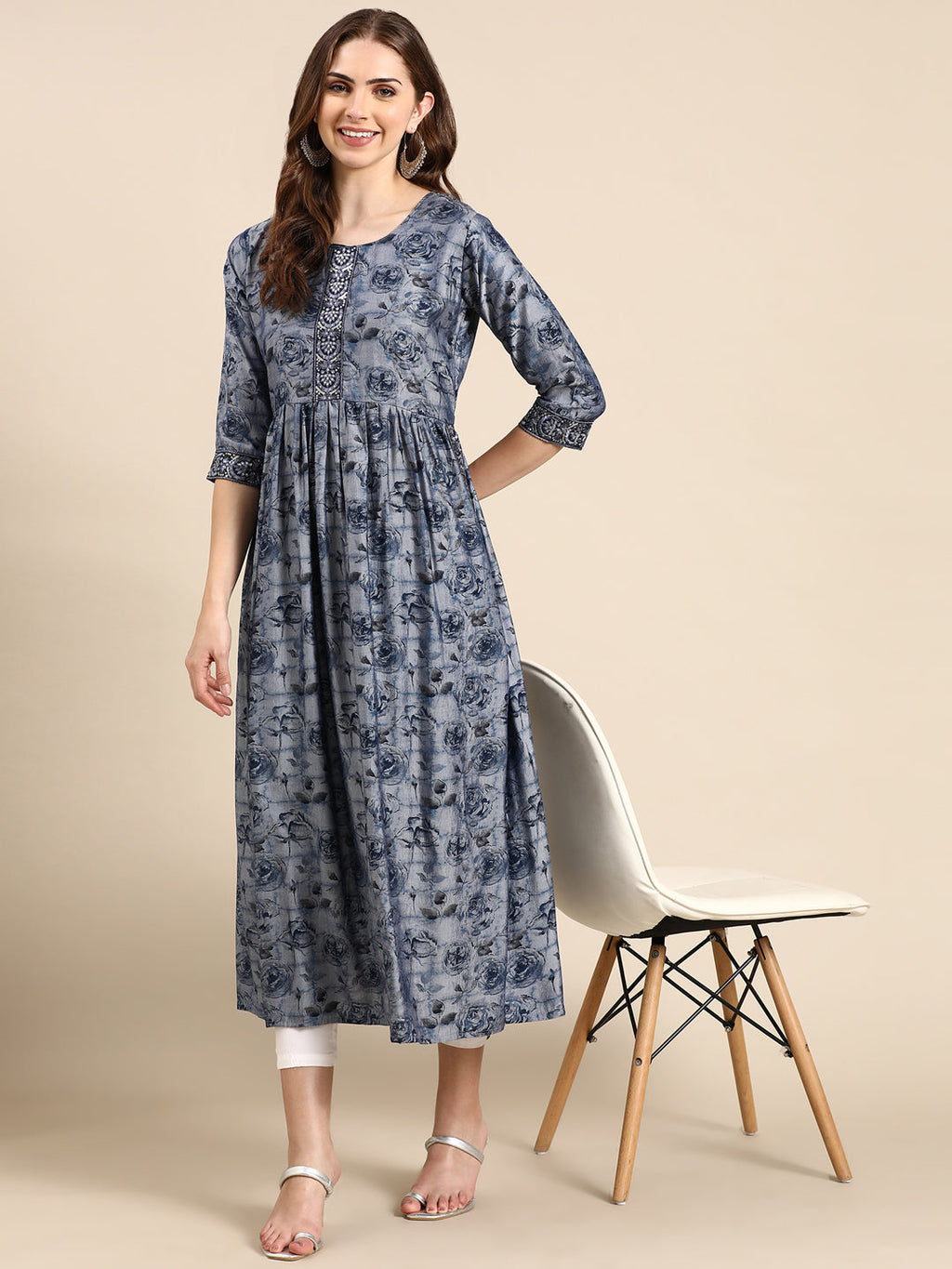 Women's Navy Blue Floral Printed Thread Work Sequinned Anarkali Kurta