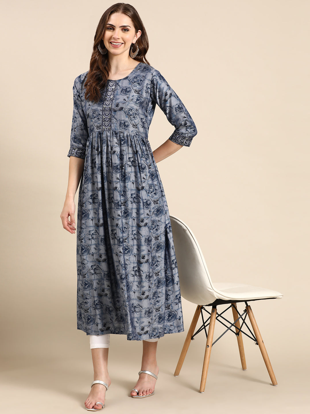 Women's Navy Blue Floral Printed Thread Work Sequinned Anarkali Kurta