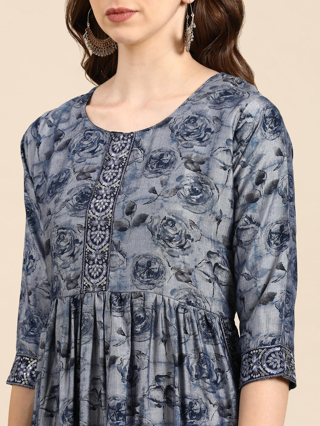 Women's Navy Blue Floral Printed Thread Work Sequinned Anarkali Kurta