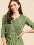 Women's Green Striped Sequinned Anarkali Kurta