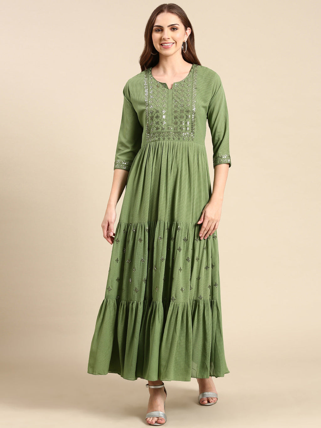 Women's Green Striped Sequinned Anarkali Kurta