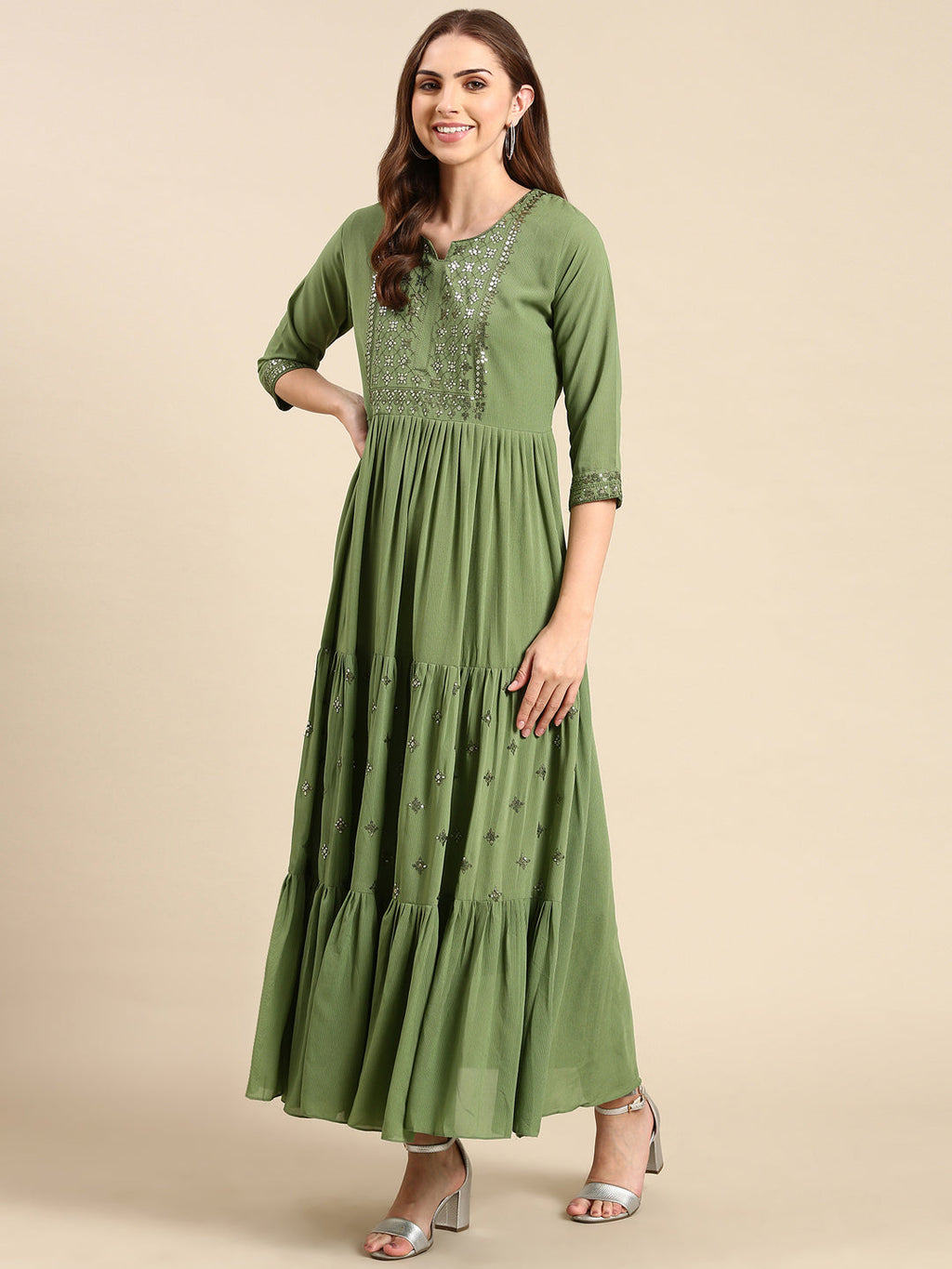 Women's Green Striped Sequinned Anarkali Kurta