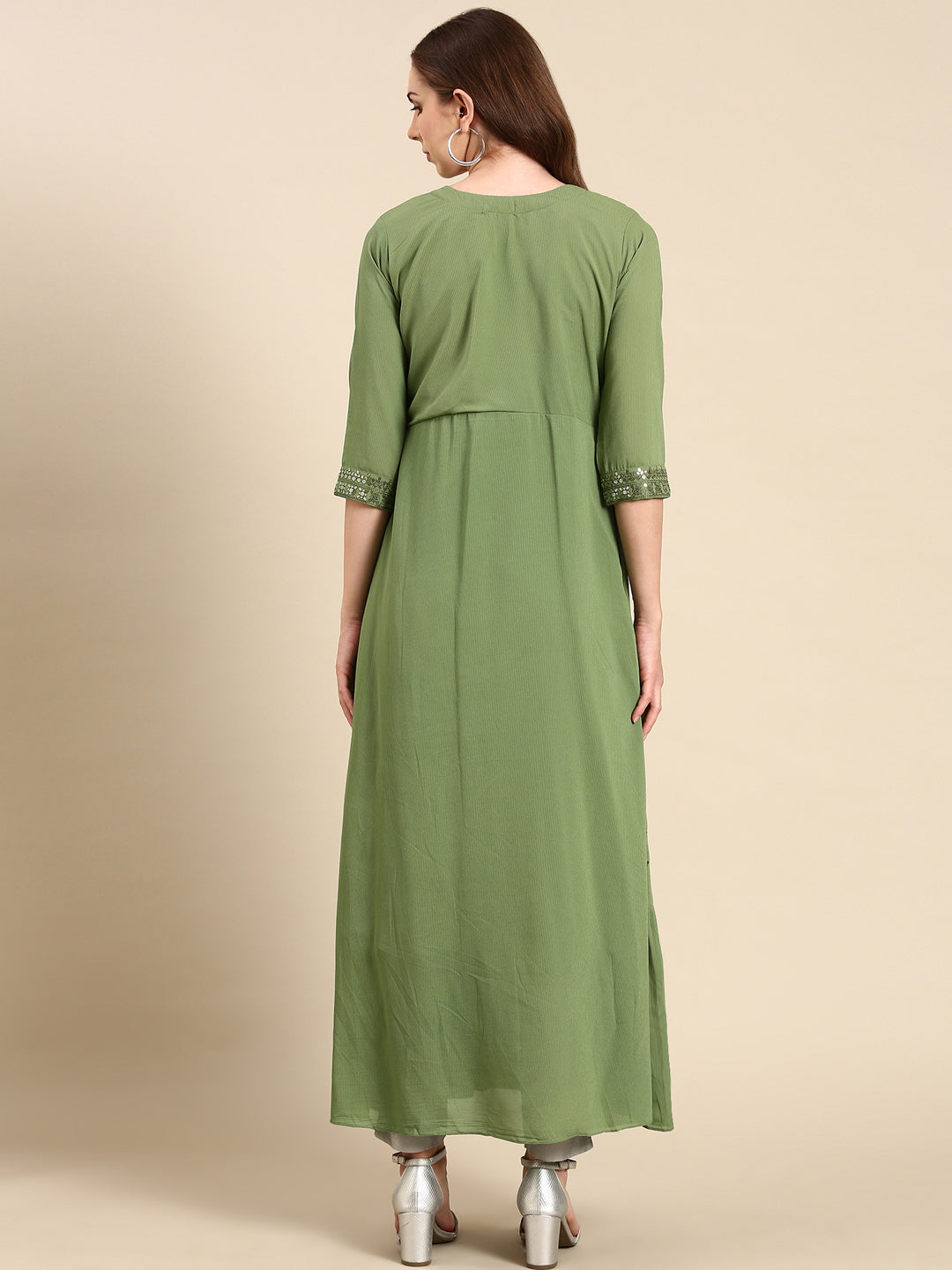 Women's Green Striped Sequinned Anarkali Kurta