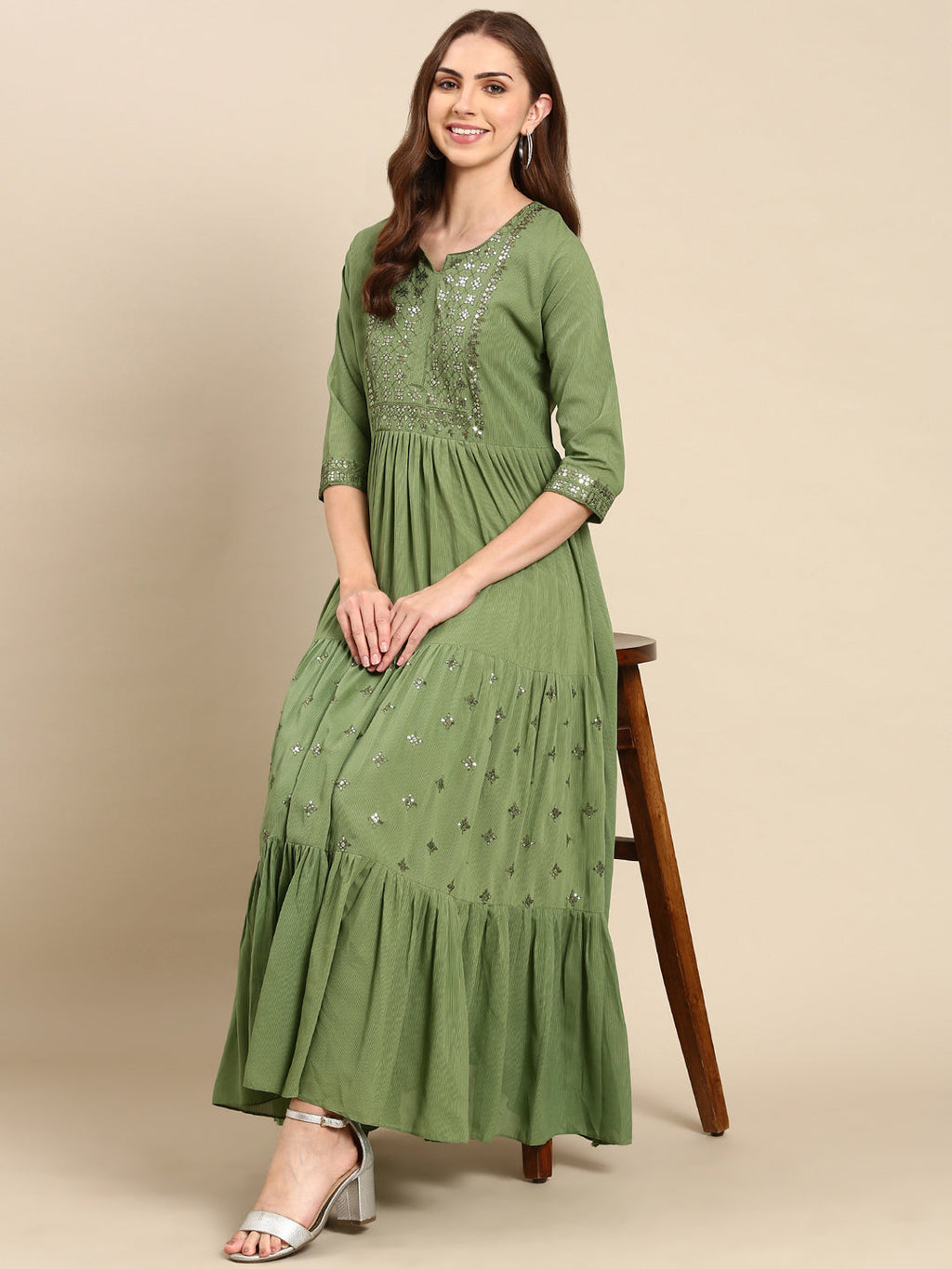 Women's Green Striped Sequinned Anarkali Kurta