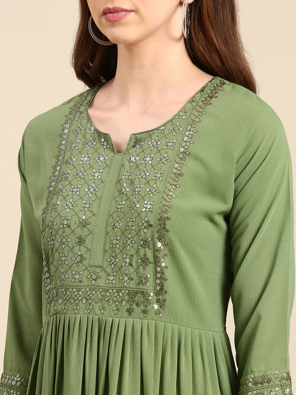 Women's Green Striped Sequinned Anarkali Kurta