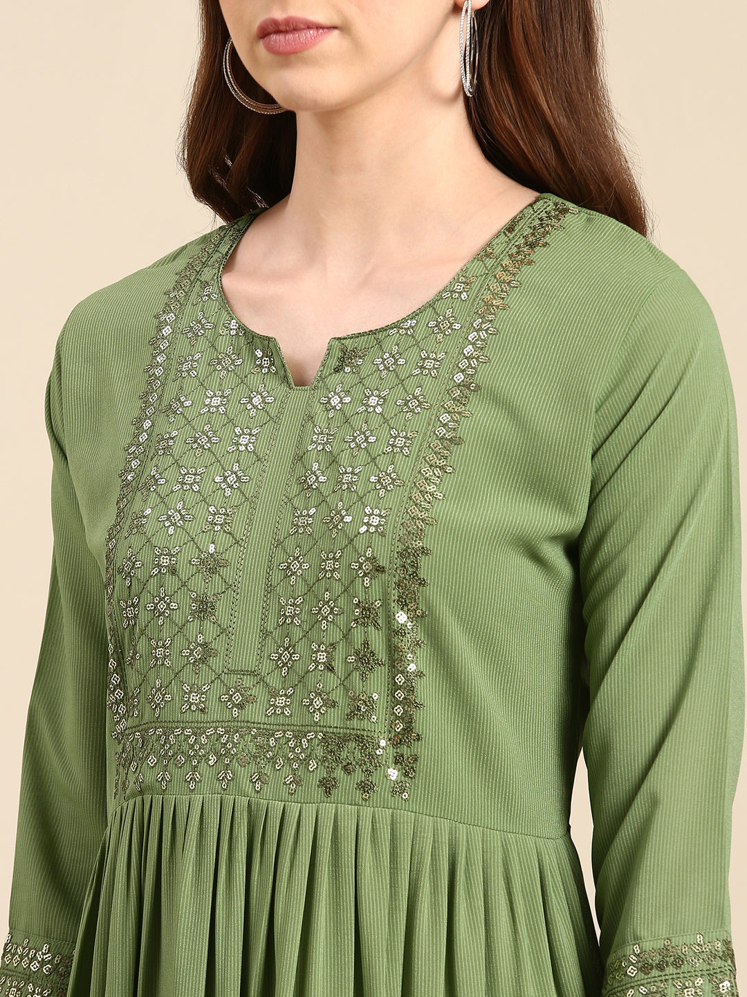 Women's Green Striped Sequinned Anarkali Kurta
