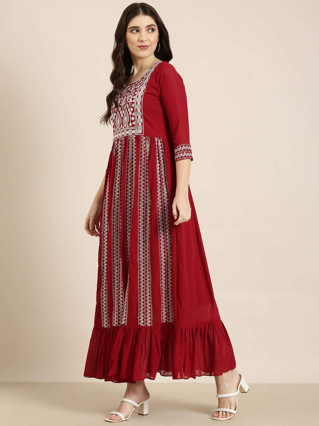 Women's Maroon Ethnic Motif Printed Anarkali Kurta