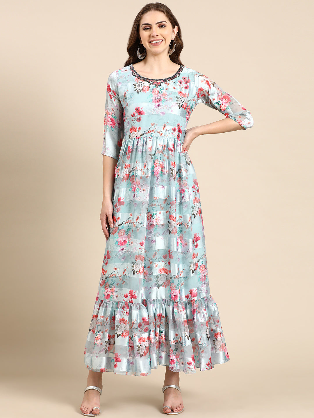 Women's Sea Green Floral Printed Chiffon Maxi Kurta