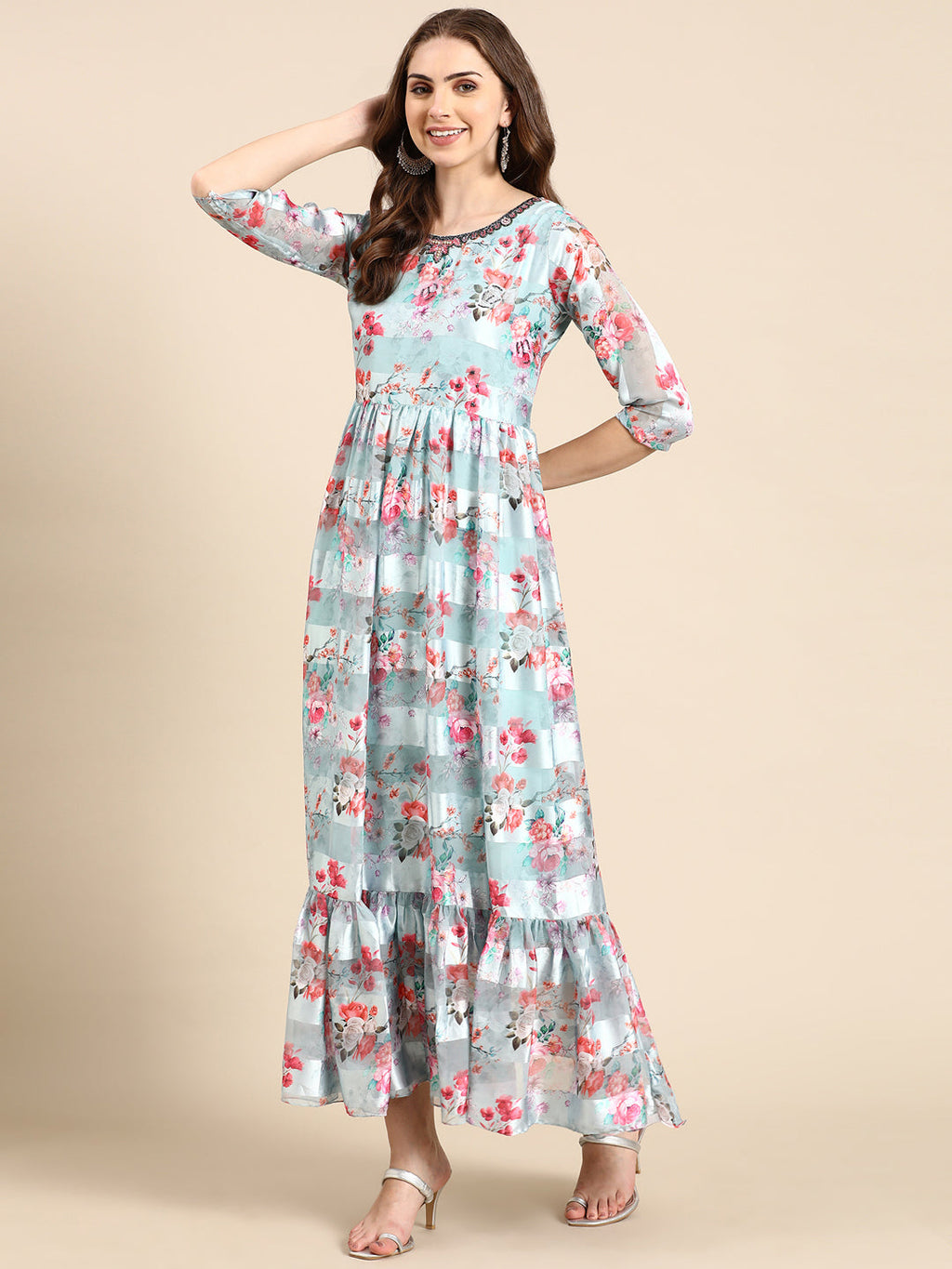 Women's Sea Green Floral Printed Chiffon Maxi Kurta