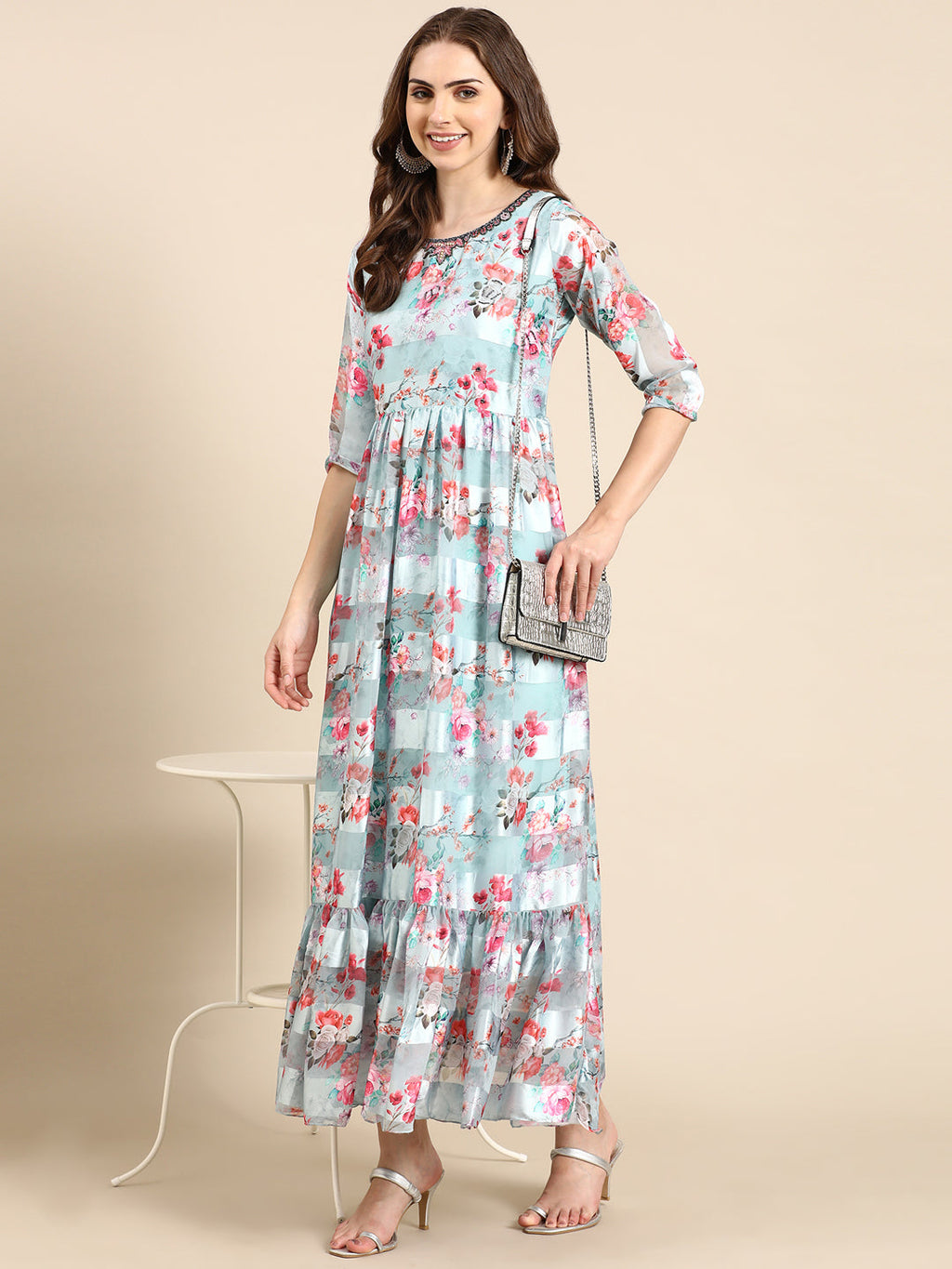 Women's Sea Green Floral Printed Chiffon Maxi Kurta