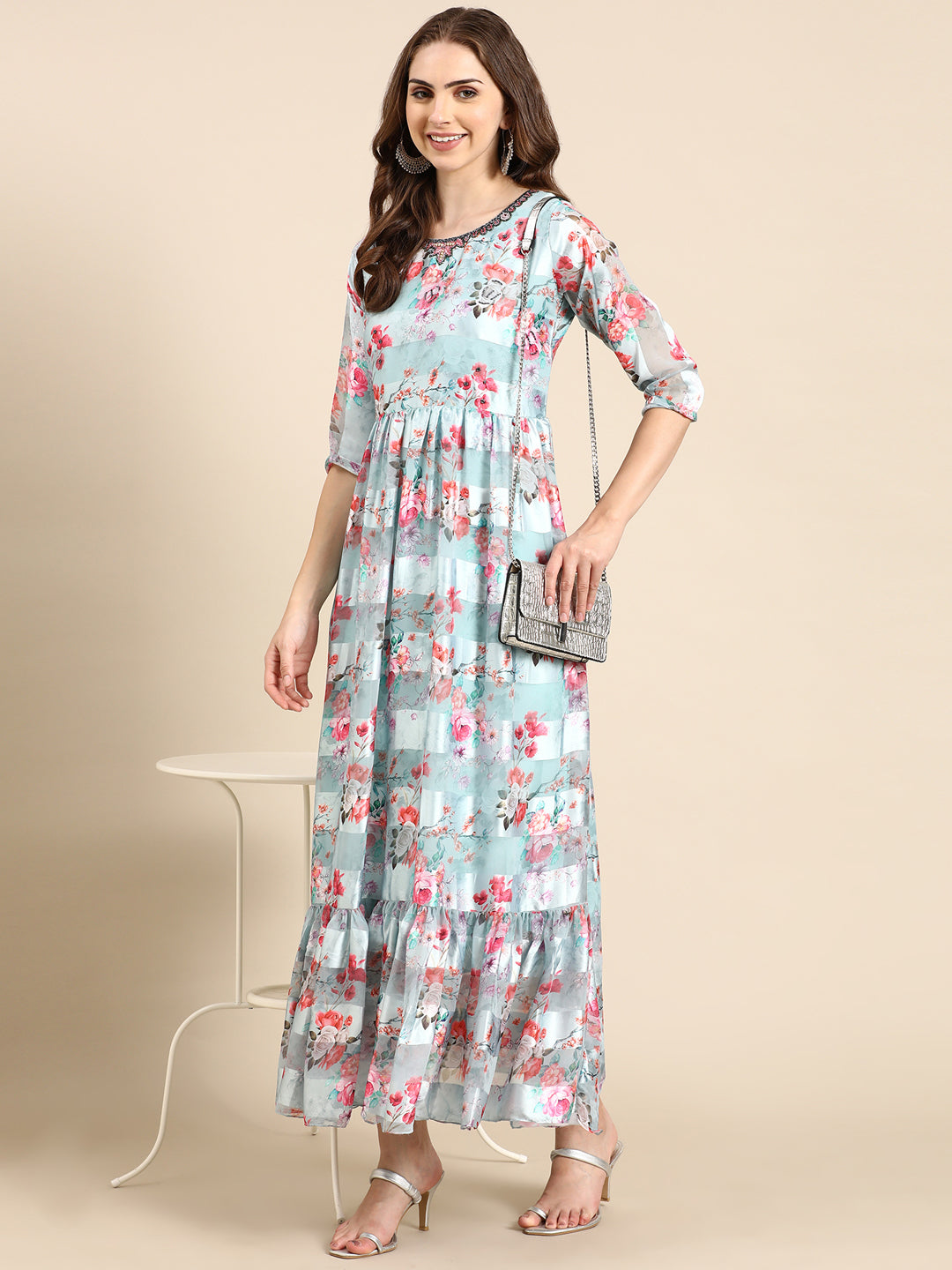 Women's Sea Green Floral Printed Chiffon Maxi Kurta