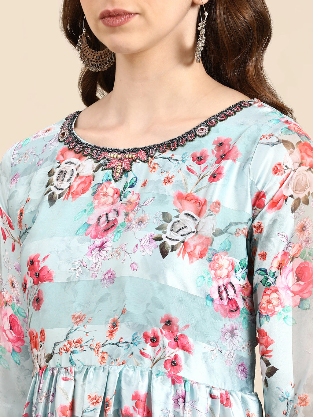 Women's Sea Green Floral Printed Chiffon Maxi Kurta