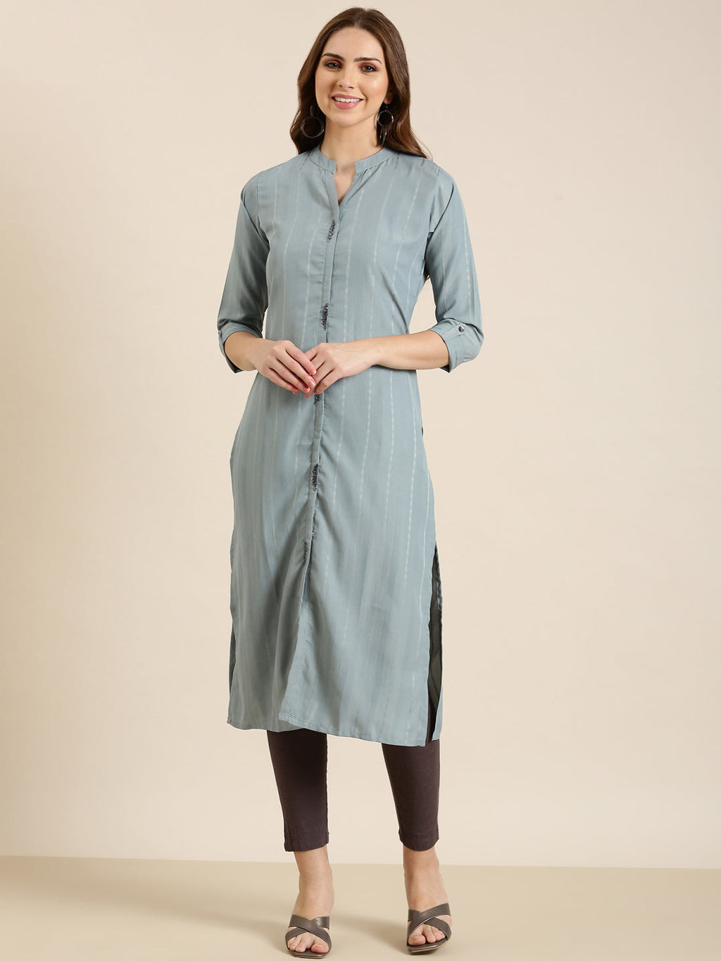 Women's Grey Striped Mandarin Straight Collar Kurta