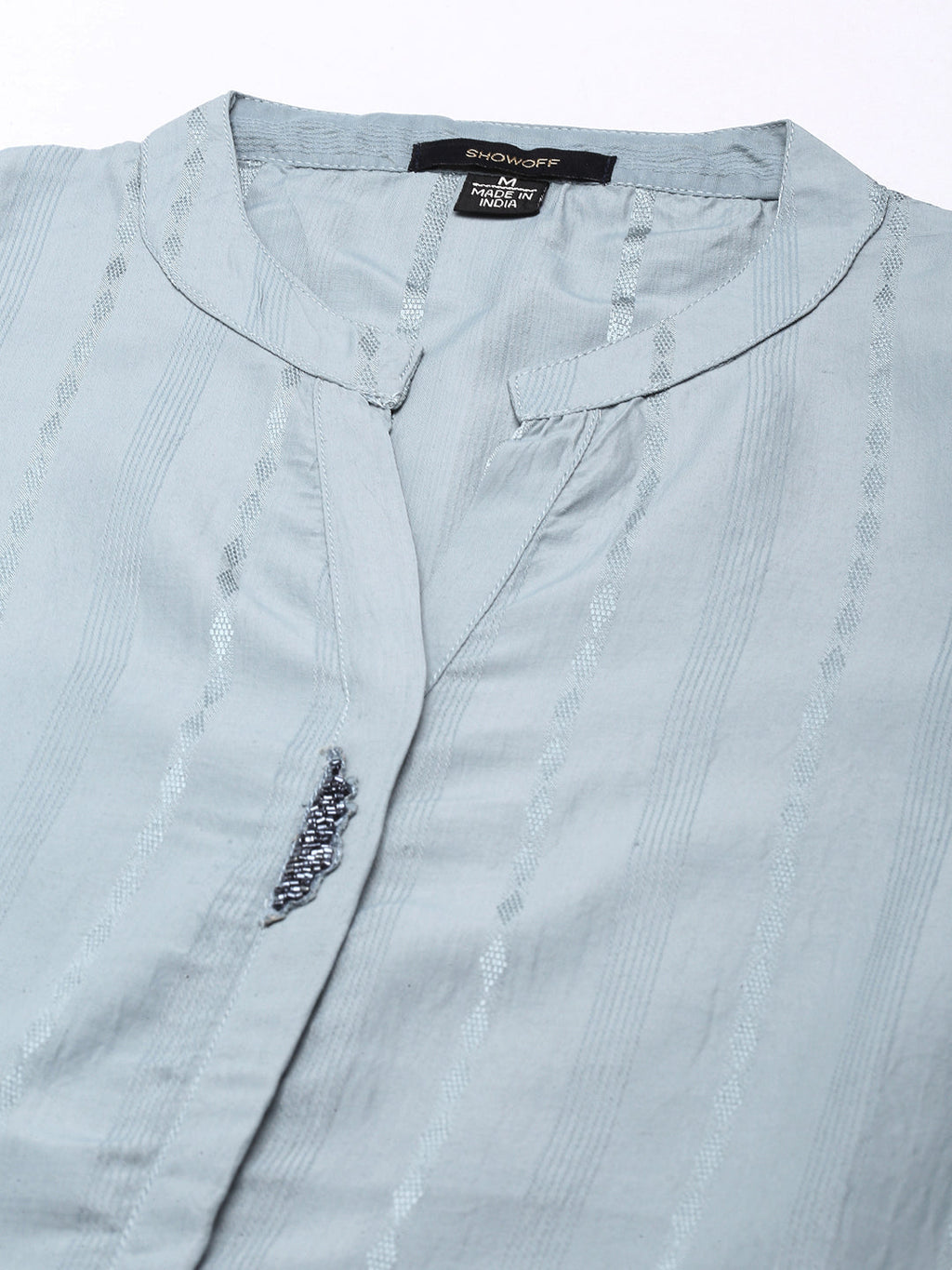 Women's Grey Striped Mandarin Straight Collar Kurta