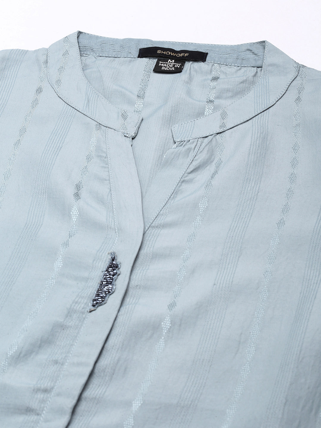 Women's Grey Striped Mandarin Straight Collar Kurta
